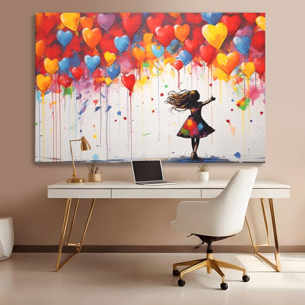 Tablou canvas cu tablou canvas cu fetita si baloane inima, fara rama, pe sasiu de lemn, pe perete intr-un birou